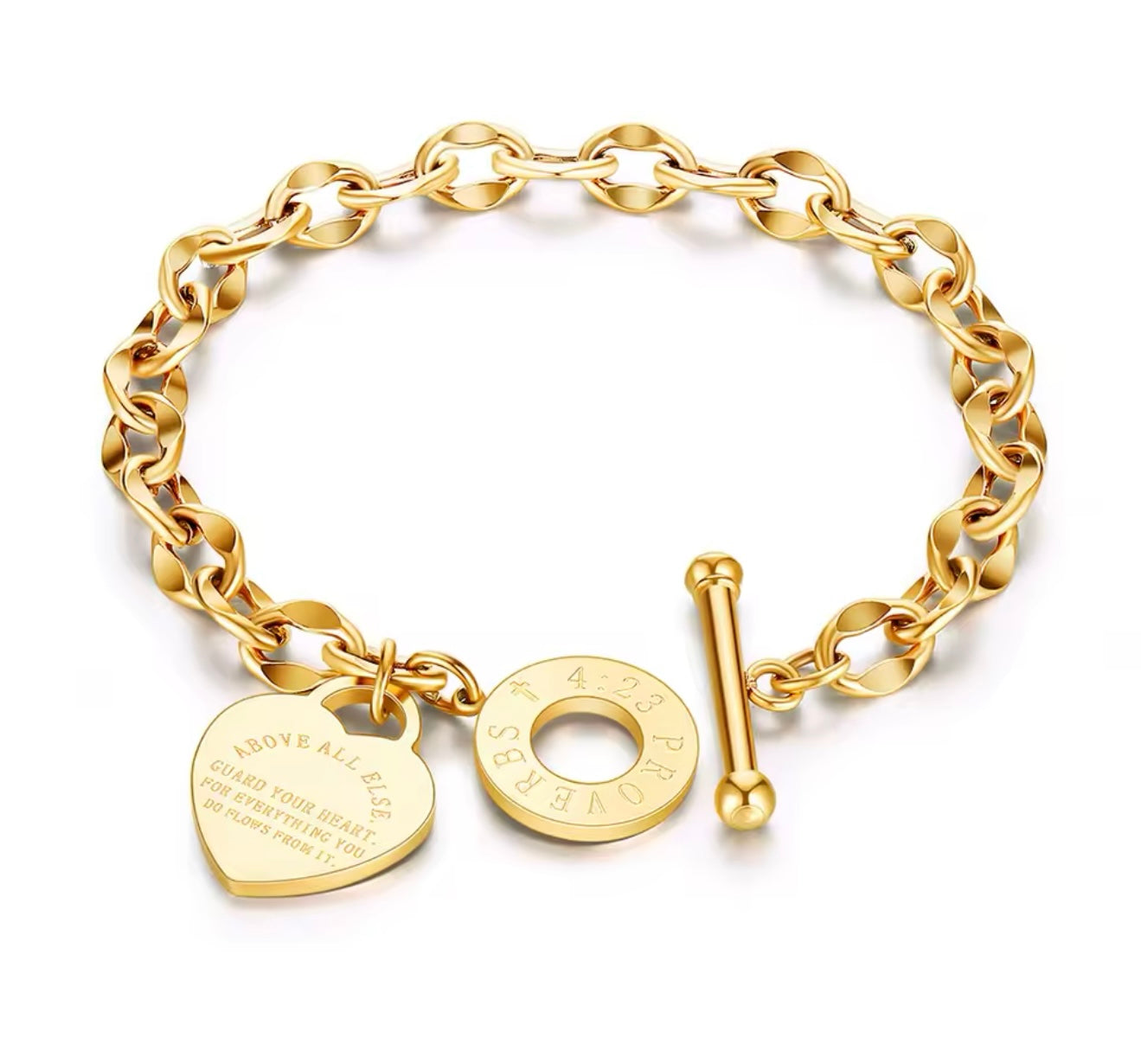 Titanium SS Heart Charm Bracelet with Proverbs 4:23