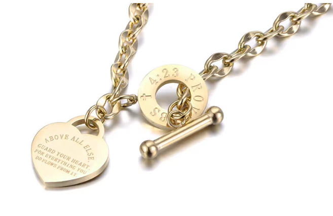 Titanium SS Heart Charm Bracelet with Proverbs 4:23